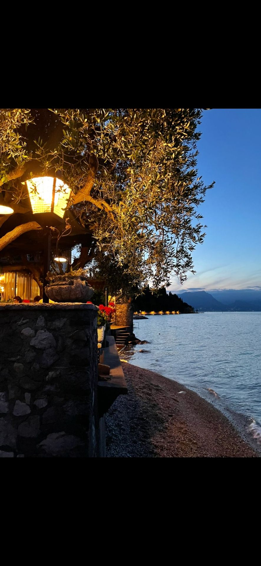 Lanterna fra gli ulivi sul lago all'ora blu